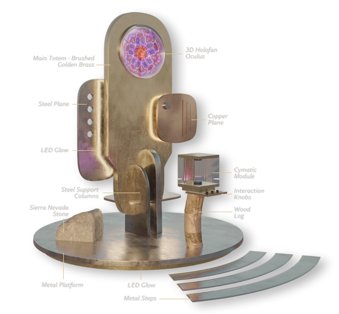 ALUNA sculpture — a 12-foot golden brass totem with holographic crown and sealed cymatics chamber at its base